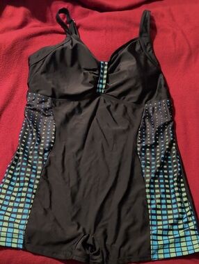Hanna Nicole Black One-Piece Swimsuit with Blue & Teal Check Panels, Size 20W